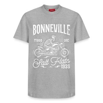 Bonneville Salt Flats Motorrad Geburtstag 1935 - Relaxed Unisex Supima Cotton T-Shirt – von SPREAD - Grau meliert - Vorne - AI Model Female 172 dark (172cm) & AI Model Male 185 dark (185cm)