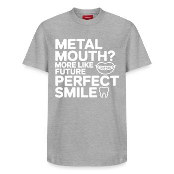 Metal Mouth Perfect Smile Journey  - Relaxed Unisex Supima Cotton T-Shirt – by SPREAD - heather grey - Front - AI Model Female 172 dark (172cm) & AI Model Male 185 dark (185cm)