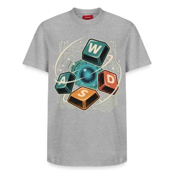 WASD Gaming Süß Niedlich Gamer Geschenk - Relaxed Unisex Supima Cotton T-Shirt – von SPREAD - Grau meliert - Vorne - AI Model Female 172 dark (172cm) & AI Model Male 185 dark (185cm)