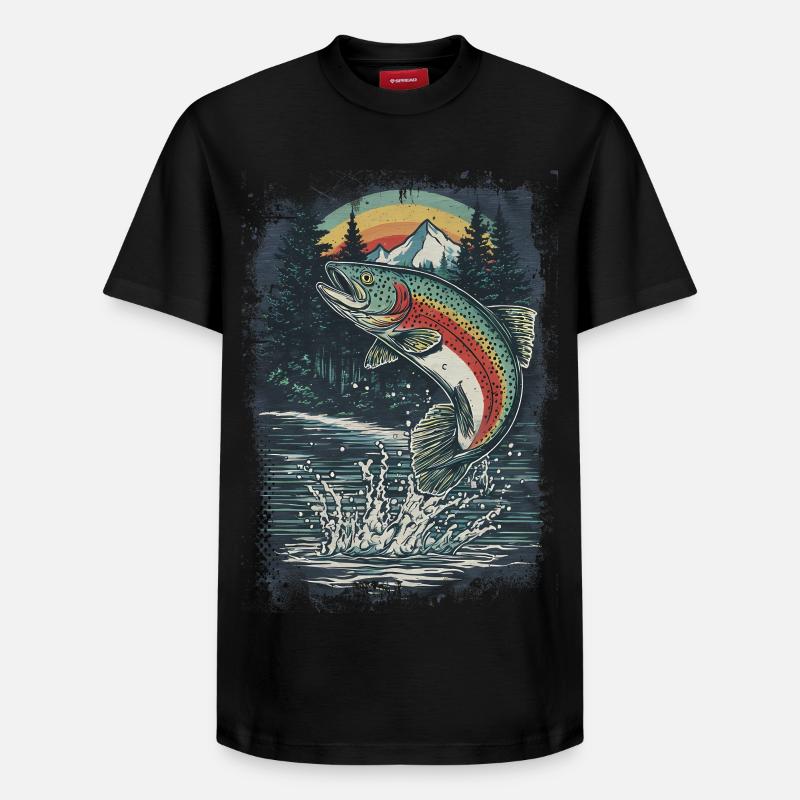 Springende Regenbogenforelle – Retro Anglermotiv - Relaxed Unisex Supima Cotton T-Shirt – von SPREAD - Schwarz