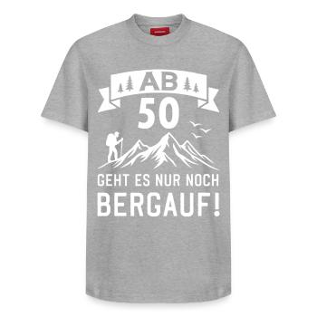 Ab 50 Geht Es Nur noch Bergauf 50 Jahre Geburtstag - Relaxed Unisex Supima Cotton T-Shirt – von SPREAD - Grau meliert - Vorne - AI Model Female 172 dark (172cm) & AI Model Male 185 dark (185cm)