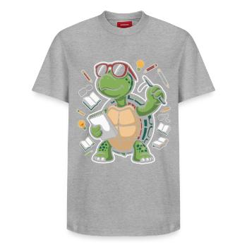 Learning turtle with pen - Relaxed Unisex Supima Cotton T-Shirt – by SPREAD - heather grey - Front - AI Model Female 172 dark (172cm) & AI Model Male 185 dark (185cm)