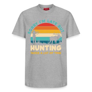 Sorry I'm Late Hunting Retro Sunset - Relaxed Unisex Supima Cotton T-Shirt – by SPREAD - heather grey - Front - AI Model Female 172 dark (172cm) & AI Model Male 185 dark (185cm)