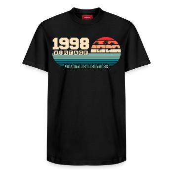 27th Birthday 1998 Vintage 1998 Retro Sunset - Relaxed Unisex Supima Cotton T-Shirt – by SPREAD - black - Front - AI Model Female 172 light (172cm) & AI Model Male 178 light (178cm)