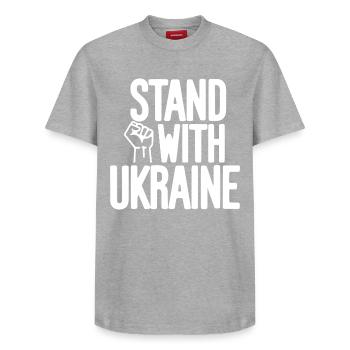 Stand With Ukraine Solidarity - Relaxed Unisex Supima Cotton T-Shirt – by SPREAD - heather grey - Front - AI Model Female 172 dark (172cm) & AI Model Male 185 dark (185cm)