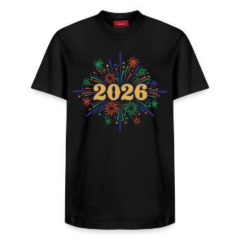 2026 Fireworks Celebration Design - Relaxed Unisex Supima Cotton T-Shirt – by SPREAD - black - Front - AI Model Female 172 light (172cm) & AI Model Male 178 light (178cm)