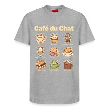 Cat Café Motifs – Treats - Relaxed Unisex Supima Cotton T-Shirt – by SPREAD - heather grey - Front - AI Model Female 172 dark (172cm) & AI Model Male 185 dark (185cm)