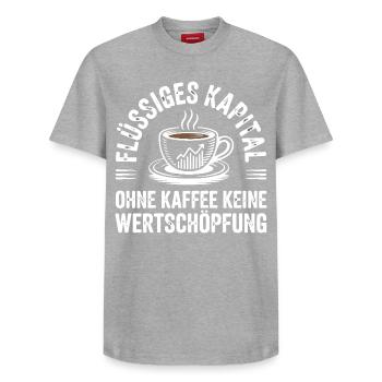 Flüssiges Kapital - Lustiges Kaffee Büro Design - Relaxed Unisex Supima Cotton T-Shirt – von SPREAD - Grau meliert - Vorne - AI Model Female 172 dark (172cm) & AI Model Male 185 dark (185cm)