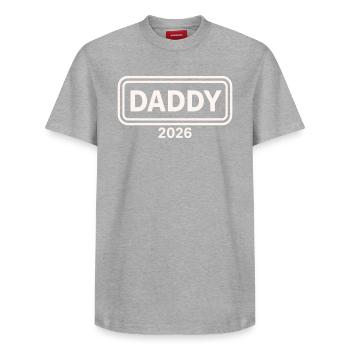 DADDY 2026 Proud Dad-to-be - Relaxed Unisex Supima Cotton T-Shirt – by SPREAD - heather grey - Front - AI Model Female 172 dark (172cm) & AI Model Male 185 dark (185cm)