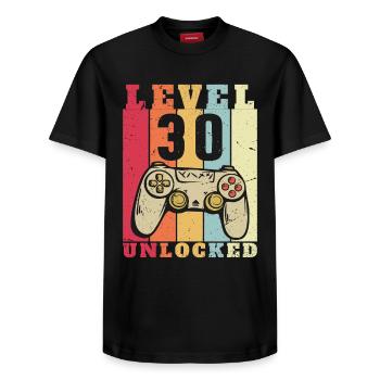 Level 30 Vollständiges 30-jähriges Jubiläum - Relaxed Unisex Supima Cotton T-Shirt – von SPREAD - Schwarz - Vorne - AI Model Female 172 light (172cm) & AI Model Male 178 light (178cm)