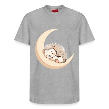Moon Sleep Hedgehog - Relaxed Unisex Supima Cotton T-Shirt – by SPREAD - heather grey - Front - AI Model Female 172 dark (172cm) & AI Model Male 185 dark (185cm)