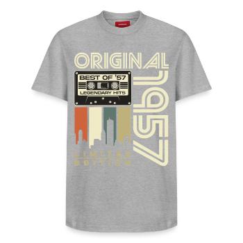 Cadeau d’anniversaire rétro vintage original de 1957 - T-shirt unisexe décontracté en coton Supima – de SPREAD - gris chiné - Devant - AI Model Female 172 dark (172cm) & AI Model Male 185 dark (185cm)