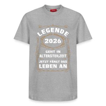 Legend 2026 Partial retirement - Relaxed Unisex Supima Cotton T-Shirt – by SPREAD - heather grey - Front - AI Model Female 172 dark (172cm) & AI Model Male 185 dark (185cm)