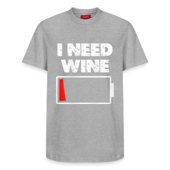 I Need Wine: Low Battery Humor Graphic - Relaxed Unisex Supima Cotton T-Shirt – by SPREAD - heather grey - Front - AI Model Female 172 dark (172cm) & AI Model Male 185 dark (185cm)