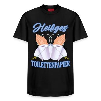 Holy toilet paper - Relaxed Unisex Supima Cotton T-Shirt – by SPREAD - black - Front - AI Model Female 172 light (172cm) & AI Model Male 178 light (178cm)