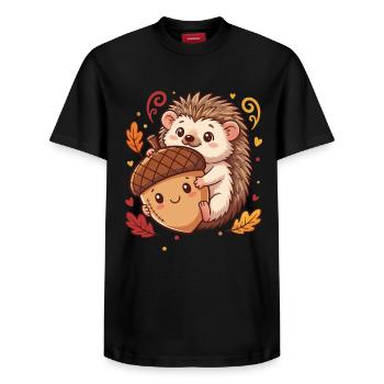 Sweet hedgehog with acorn autumn - Relaxed Unisex Supima Cotton T-Shirt – by SPREAD - black - Front - AI Model Female 172 light (172cm) & AI Model Male 178 light (178cm)