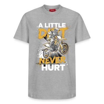 Un peu de terre ne fait jamais de mal – motocross Dirt Bike - T-shirt unisexe décontracté en coton Supima – de SPREAD - gris chiné - Devant - AI Model Female 172 dark (172cm) & AI Model Male 185 dark (185cm)