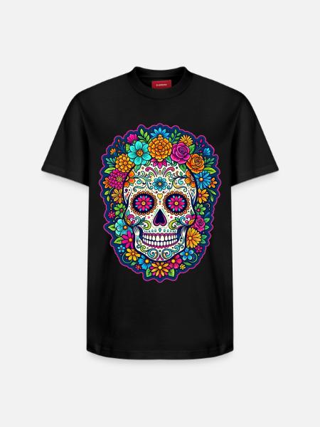 Mexican skull sugar skull flowers - Relaxed Unisex Supima Cotton T-Shirt – by SPREAD - black