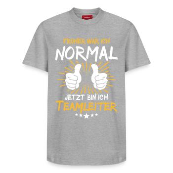 Teamleiter Spruch - Relaxed Unisex Supima Cotton T-Shirt – von SPREAD - Grau meliert - Vorne - AI Model Female 172 dark (172cm) & AI Model Male 185 dark (185cm)