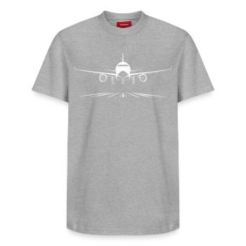 Runway Passenger Aircraft Landing Print - Relaxed Unisex Supima Cotton T-Shirt – by SPREAD - heather grey - Front - AI Model Female 172 dark (172cm) & AI Model Male 185 dark (185cm)