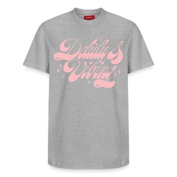 Delulu & Vibing - Relaxed Unisex Supima Cotton T-Shirt – von SPREAD - Grau meliert - Vorne - AI Model Female 172 dark (172cm) & AI Model Male 185 dark (185cm)