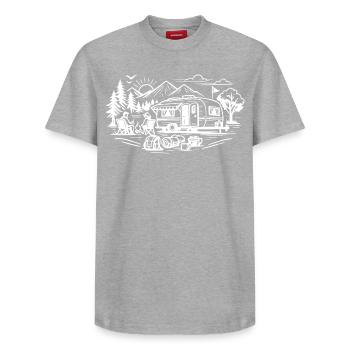 Camping Anhaenger Landschaft  - Relaxed Unisex Supima Cotton T-Shirt – von SPREAD - Grau meliert - Vorne - AI Model Female 172 dark (172cm) & AI Model Male 185 dark (185cm)