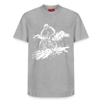 Mountain bike - Relaxed Unisex Supima Cotton T-Shirt – by SPREAD - heather grey - Front - AI Model Female 172 dark (172cm) & AI Model Male 185 dark (185cm)