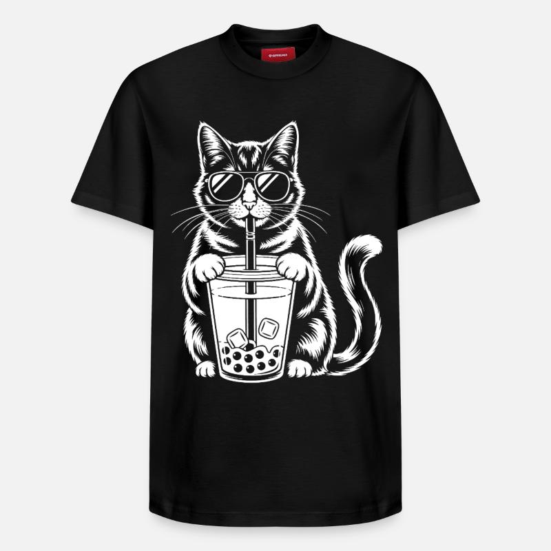 Chat avec bubble tea - T-shirt unisexe décontracté en coton Supima – de SPREAD - noir