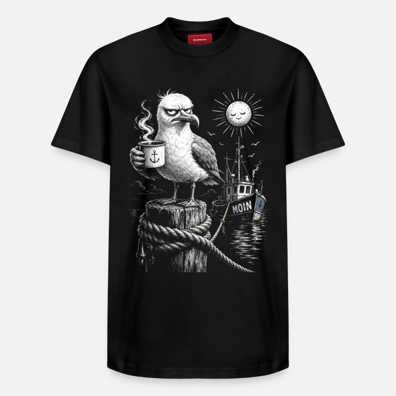 MOIN – Grummeliges Möwe mit Kaffee - Relaxed Unisex Supima Cotton T-Shirt – von SPREAD - Schwarz