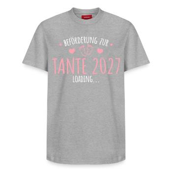 Schwangerschaft Verkünden Tante 2027 - Relaxed Unisex Supima Cotton T-Shirt – von SPREAD - Grau meliert - Vorne - AI Model Female 172 dark (172cm) & AI Model Male 185 dark (185cm)