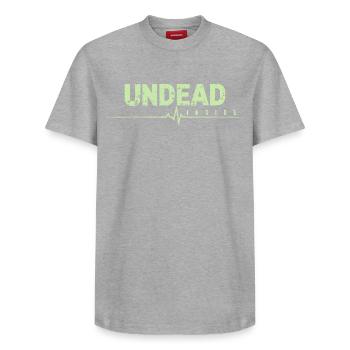 Undead Inside Zombie Saying - Relaxed Unisex Supima Cotton T-Shirt – by SPREAD - heather grey - Front - AI Model Female 172 dark (172cm) & AI Model Male 185 dark (185cm)