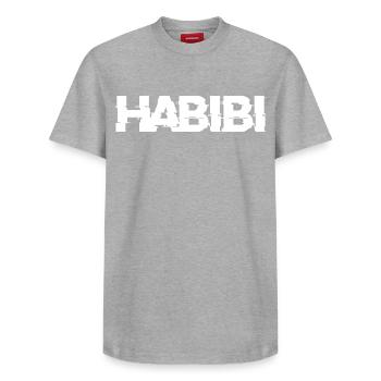 Habibi Schriftzug - Relaxed Unisex Supima Cotton T-Shirt – von SPREAD - Grau meliert - Vorne - AI Model Female 172 dark (172cm) & AI Model Male 185 dark (185cm)