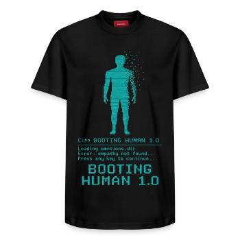 Booting Human 1.0 Empathy Error - Relaxed Unisex Supima Cotton T-Shirt – by SPREAD - black - Front - AI Model Female 172 light (172cm) & AI Model Male 178 light (178cm)