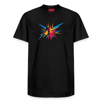 Explosion and rays - Relaxed Unisex Supima Cotton T-Shirt – by SPREAD - black - Front - AI Model Female 172 light (172cm) & AI Model Male 178 light (178cm)