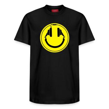 Smiley-Kopfhörer - Relaxed Unisex Supima Cotton T-Shirt – von SPREAD - Schwarz - Vorne - AI Model Female 172 light (172cm) & AI Model Male 178 light (178cm)