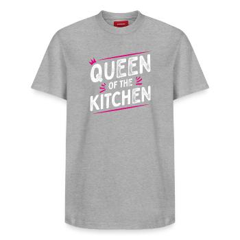 Queen of the Kitchen - Kochschürze - Chefköchin - Relaxed Unisex Supima Cotton T-Shirt – von SPREAD - Grau meliert - Vorne - AI Model Female 172 dark (172cm) & AI Model Male 185 dark (185cm)