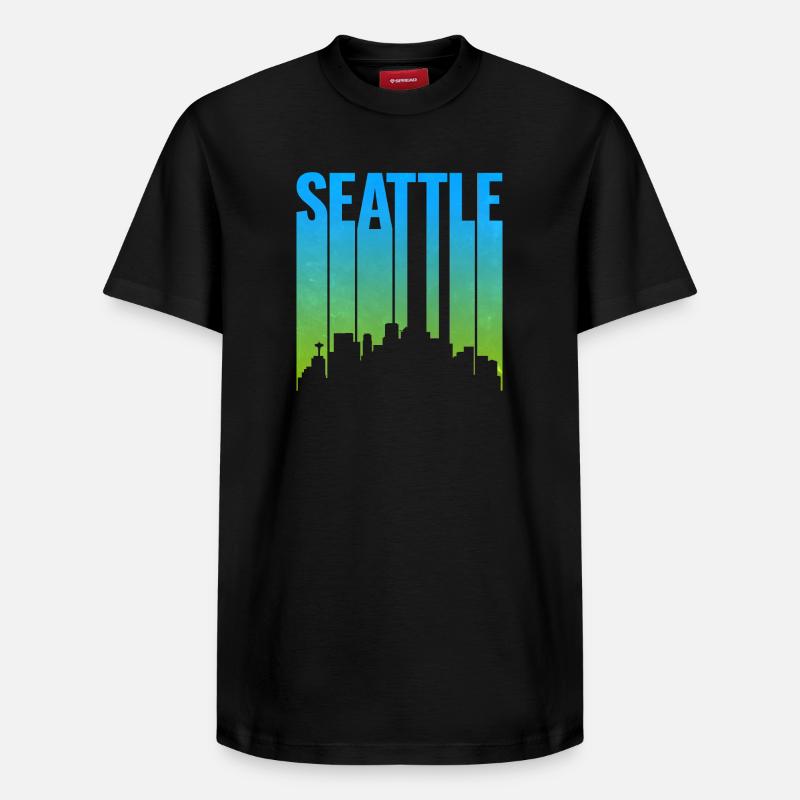 Seattle Neon Skyline Kunstdruck - Relaxed Unisex Supima Cotton T-Shirt – von SPREAD - Schwarz