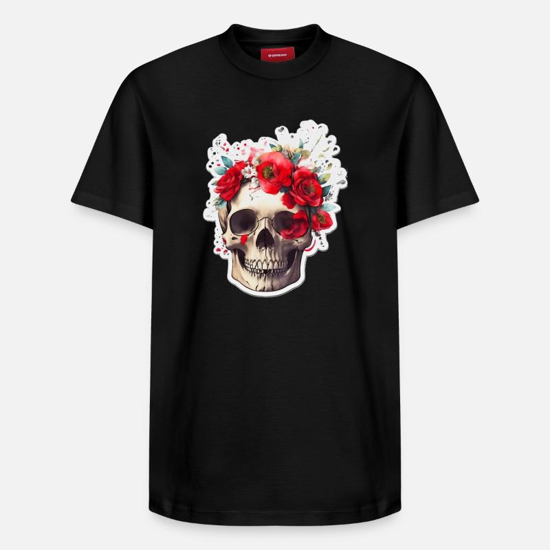 Crâne à fleurs rouges - T-shirt unisexe décontracté en coton Supima – de SPREAD - noir