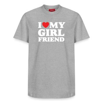 I Love My Girlfriend - Relaxed Unisex Supima Cotton T-Shirt – by SPREAD - heather grey - Front - AI Model Female 172 dark (172cm) & AI Model Male 185 dark (185cm)