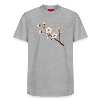 Pflaumenblüten-Zweig – Zarte Eleganz im Frühling - Relaxed Unisex Supima Cotton T-Shirt – von SPREAD - Grau meliert - Vorne - AI Model Female 172 dark (172cm) & AI Model Male 185 dark (185cm)