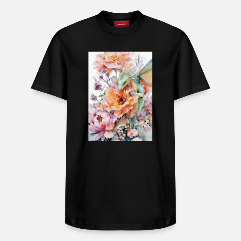 Dragon aquarelle et jardins fleuris - T-shirt unisexe décontracté en coton Supima – de SPREAD - noir