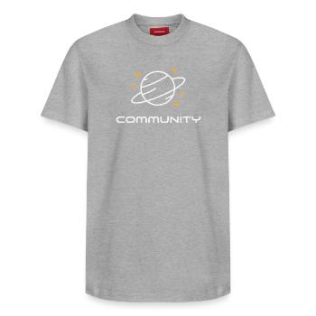 Planet Ringed Unity - Relaxed Unisex Supima Cotton T-Shirt – by SPREAD - heather grey - Front - AI Model Female 172 dark (172cm) & AI Model Male 185 dark (185cm)