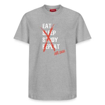 Eat sleep study repeat - Abi 2026 - Spruch - Relaxed Unisex Supima Cotton T-Shirt – by SPREAD - heather grey - Front - AI Model Female 172 dark (172cm) & AI Model Male 185 dark (185cm)