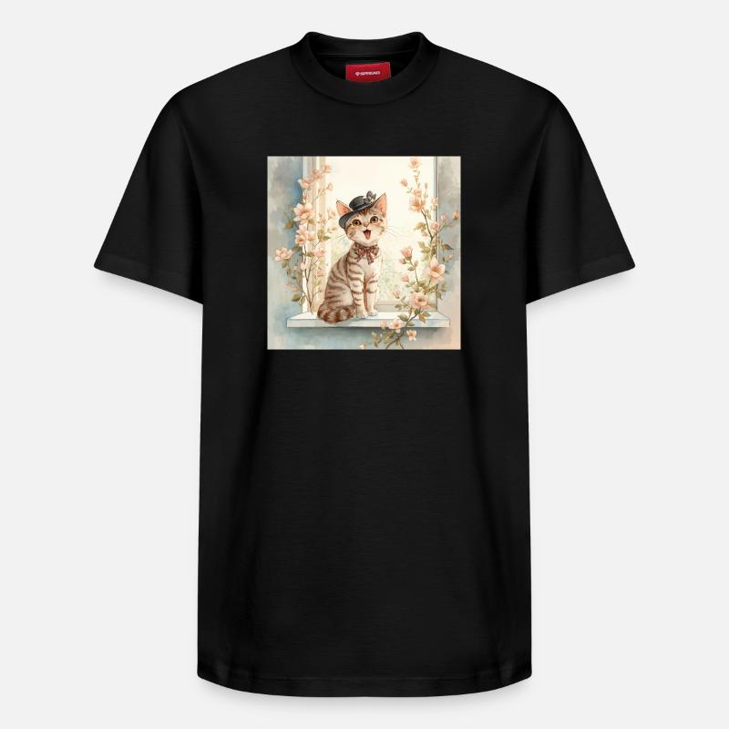 Whimsical Cat on Windowsill - Relaxed Unisex Supima Cotton T-Shirt – by SPREAD - black