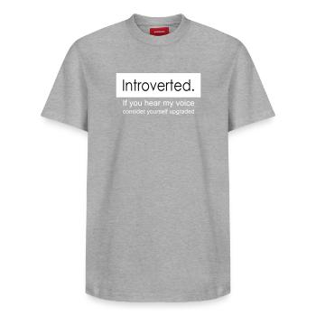 introvert - Relaxed Unisex Supima Cotton T-Shirt – by SPREAD - heather grey - Front - AI Model Female 172 dark (172cm) & AI Model Male 185 dark (185cm)