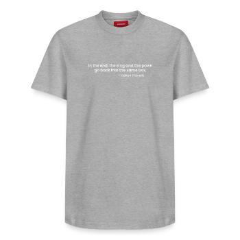 King and Pawn, Italian Proverb - Relaxed Unisex Supima Cotton T-Shirt – by SPREAD - heather grey - Front - AI Model Female 172 dark (172cm) & AI Model Male 185 dark (185cm)
