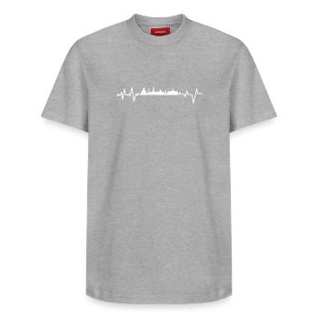 Battements de cœur de Bradford - T-shirt unisexe décontracté en coton Supima – de SPREAD - gris chiné - Devant - AI Model Female 172 dark (172cm) & AI Model Male 185 dark (185cm)