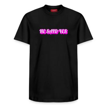 He Said Yes – Gay Groom Bachelor Party & Engagemen - Relaxed Unisex Supima Cotton T-Shirt – von SPREAD - Schwarz - Vorne - AI Model Female 172 light (172cm) & AI Model Male 178 light (178cm)