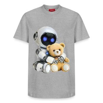 Robot Teddy - T-shirt unisexe décontracté en coton Supima – de SPREAD - gris chiné - Devant - AI Model Female 172 dark (172cm) & AI Model Male 185 dark (185cm)