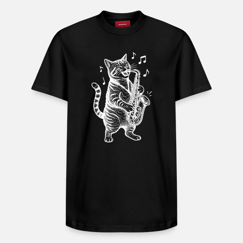 Chat Saxophone Animal Dessin animé - T-shirt unisexe décontracté en coton Supima – de SPREAD - noir
